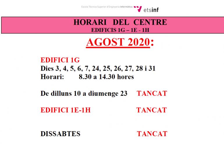 (Español) Horario del centro durante agosto de 2020